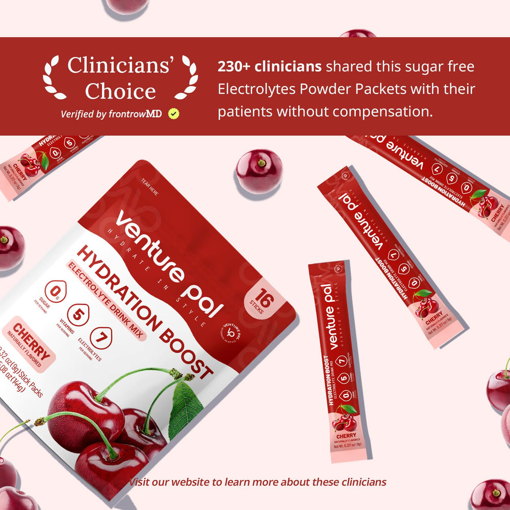 Travel-friendly Venture Pal electrolyte packets in a compact pack.