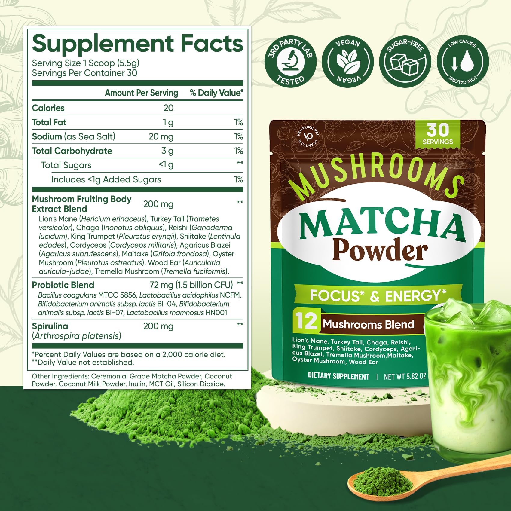 Spirulina blend of Venture Pal Mushroom Matcha ready to mix into recipes and shakes.