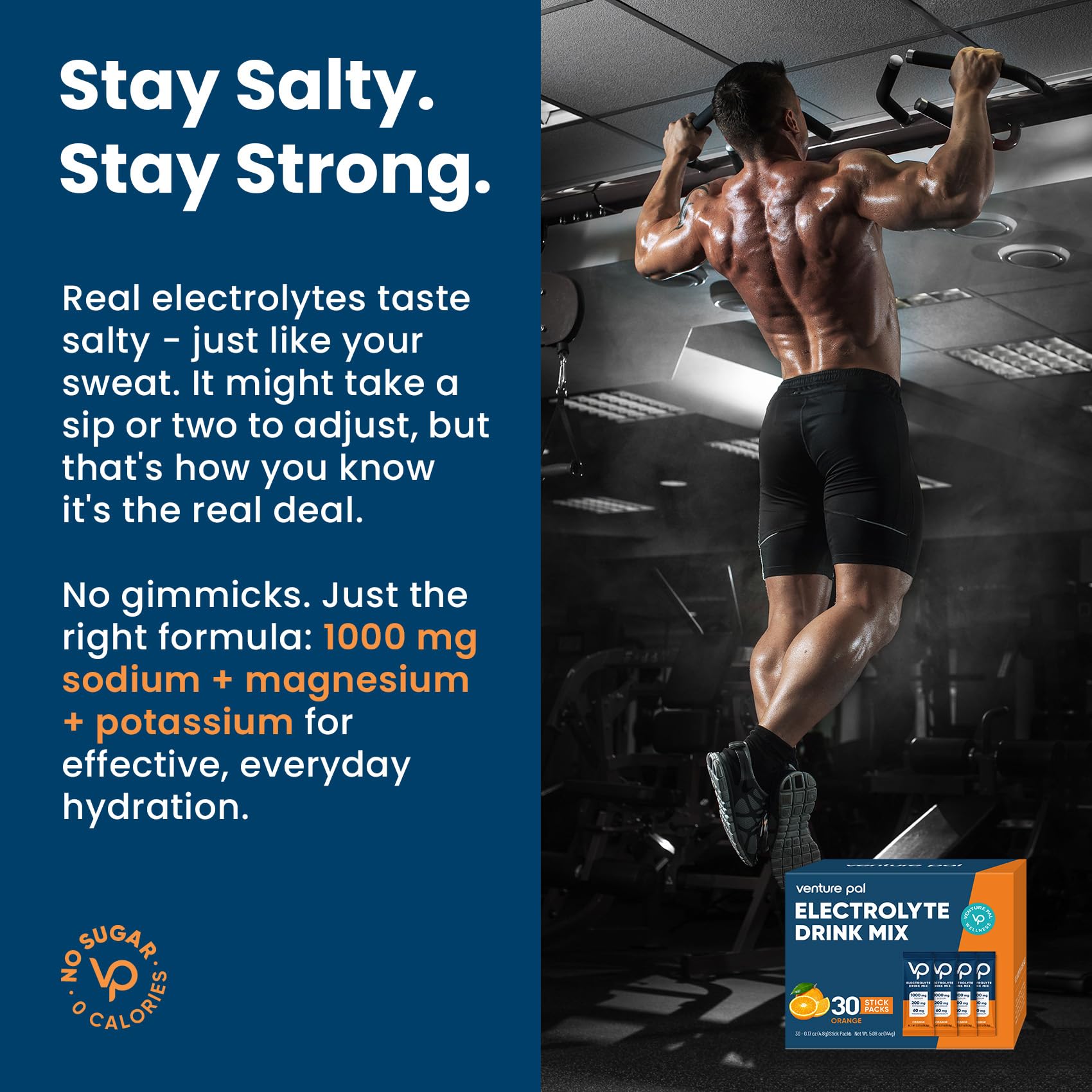Sugar-free, zero-calorie Venture Pal electrolyte powder ready to mix.