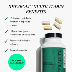Veracity Metabolic Multivitamin capsules close-up highlights energy-support nutrients.