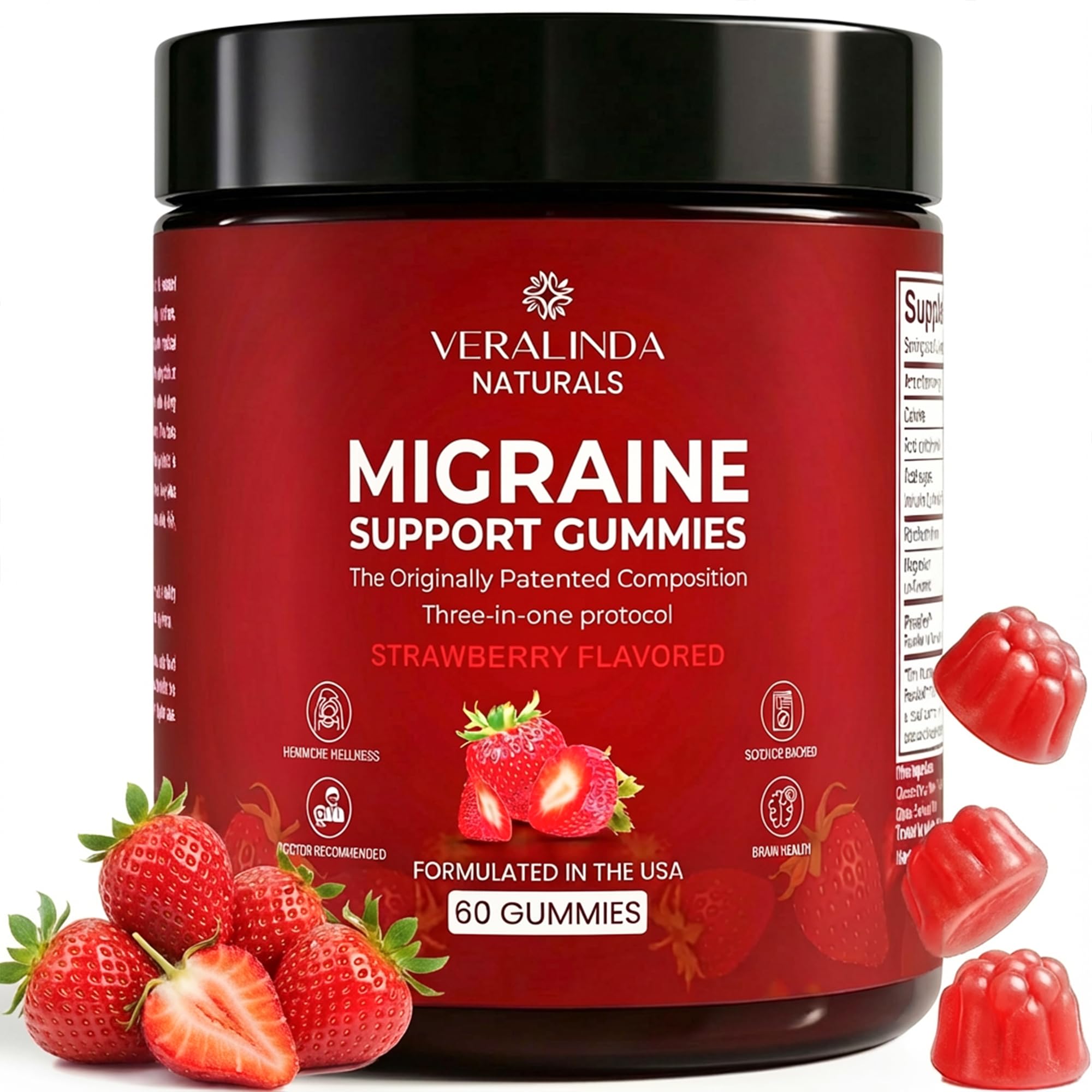 Veralinda Naturals Migraine Gummies bottle pouring for easy daily brain wellness.