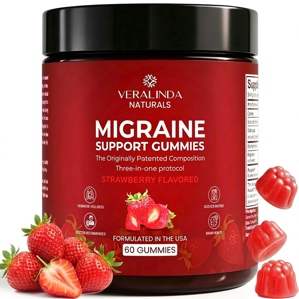 Veralinda Naturals Migraine Gummies bottle pouring for easy daily brain wellness.