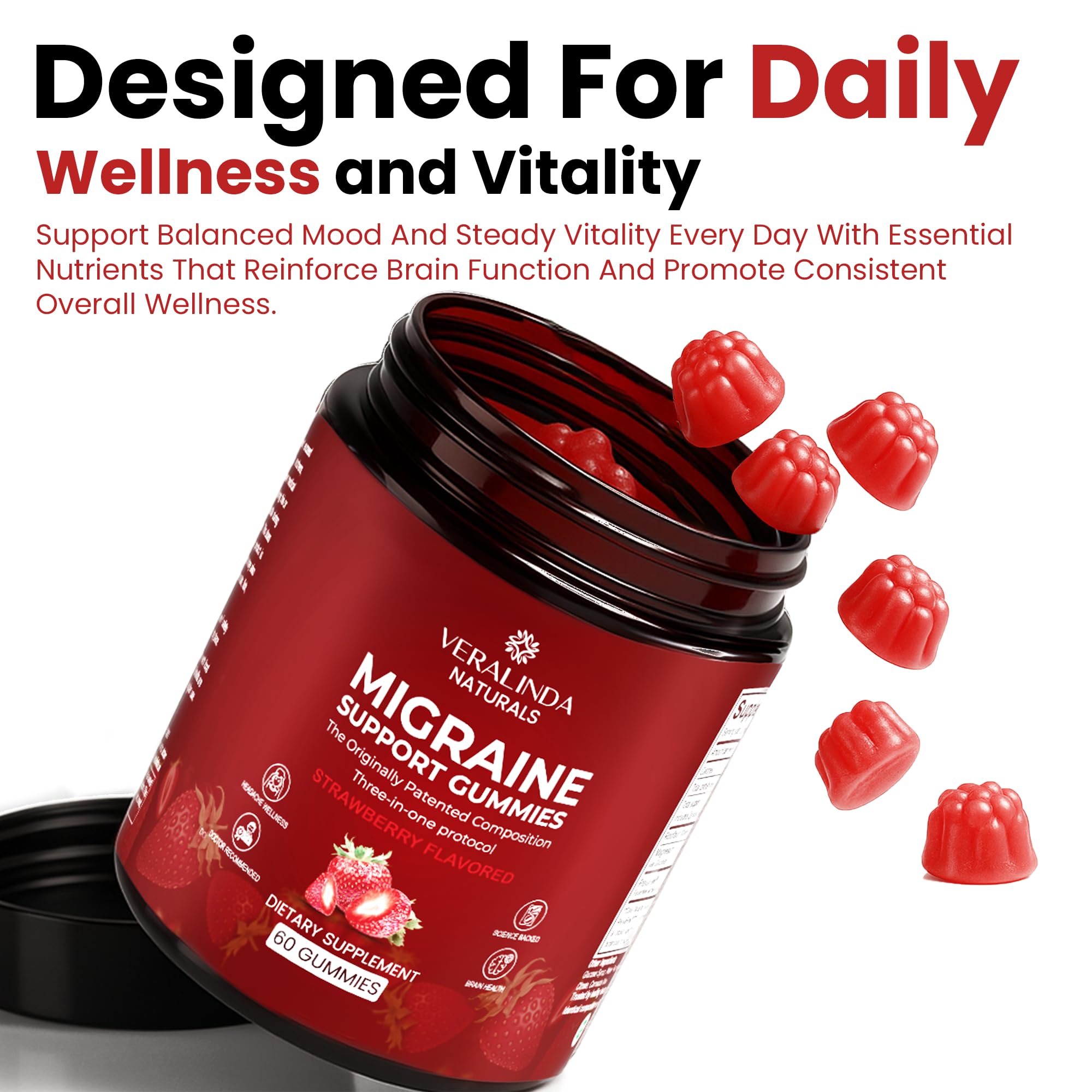 Veralinda Naturals Migraine Gummies close-up showing chewy texture and berry flavor.