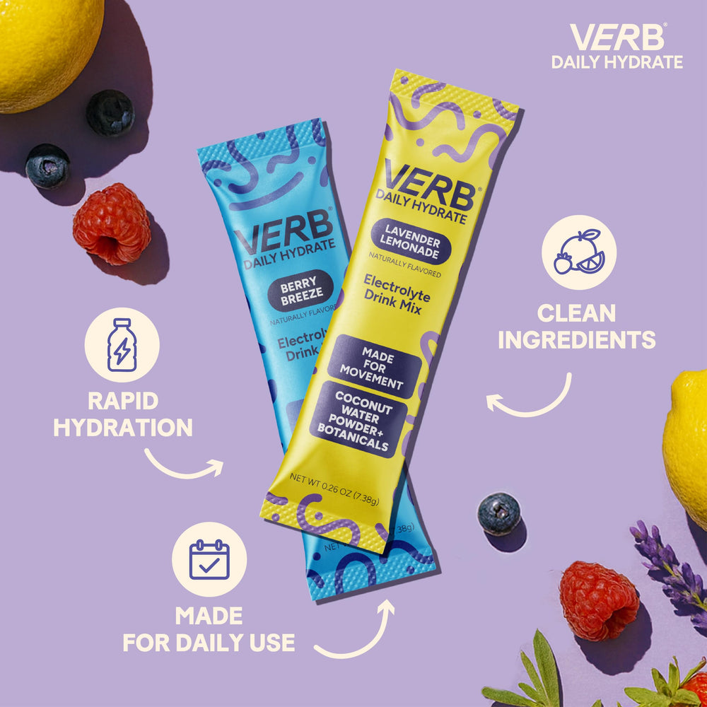 Verb Daily Hydrate berry-breeze packet being poured for flavorful hydration