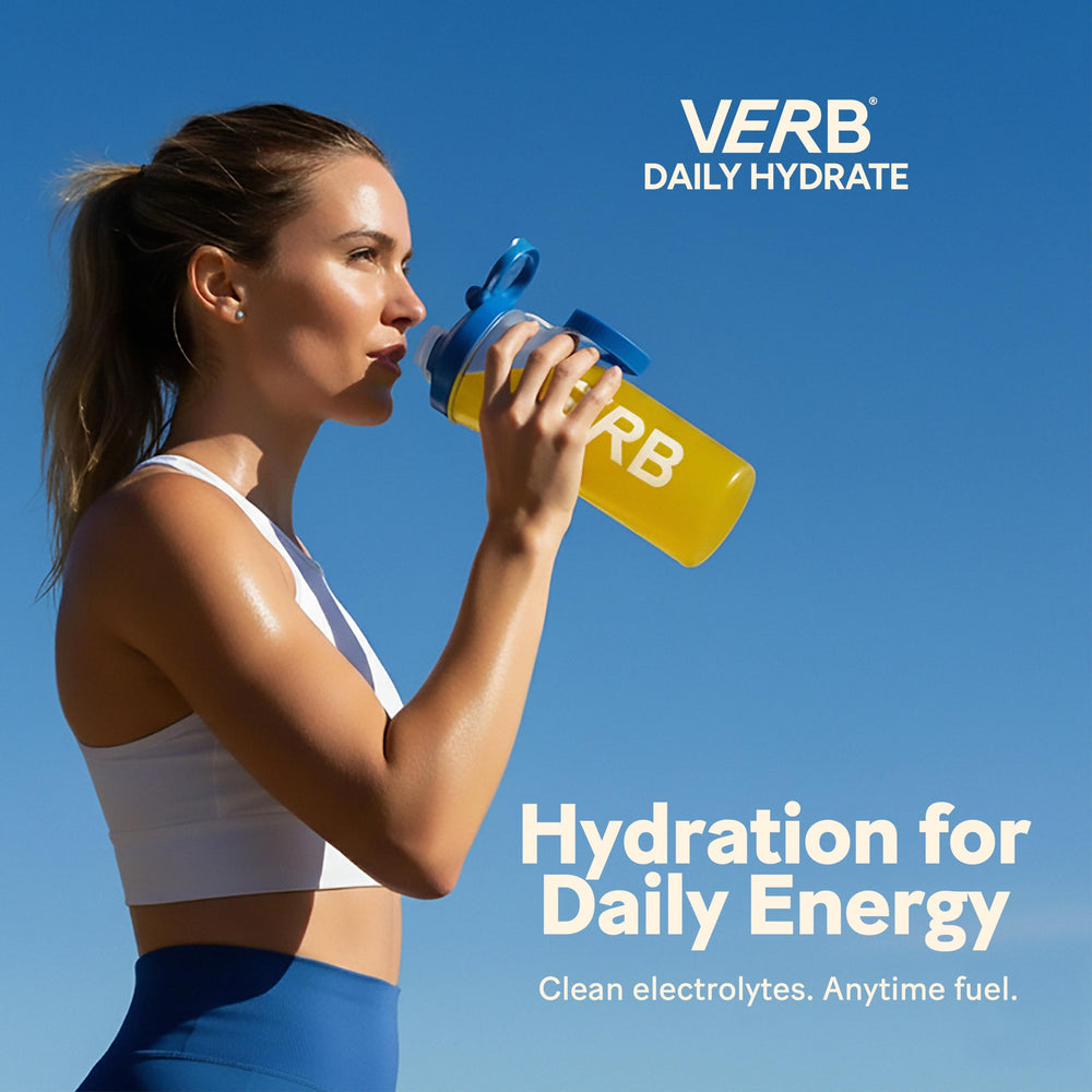 Verb Daily Hydrate lavender-lemonade packet dissolving in glass of water