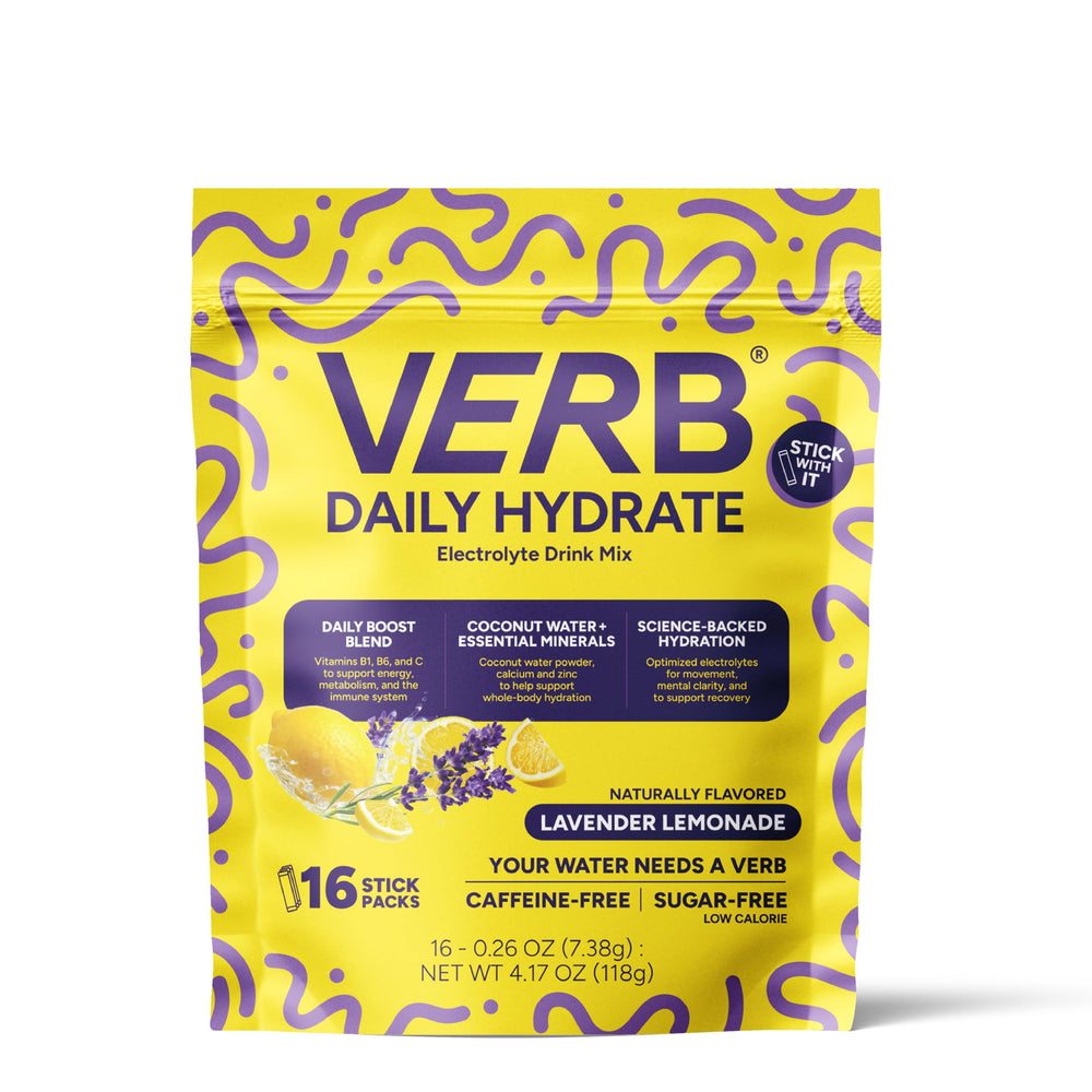 Verb Daily Hydrate lavender-lemonade packet being poured for quick hydration