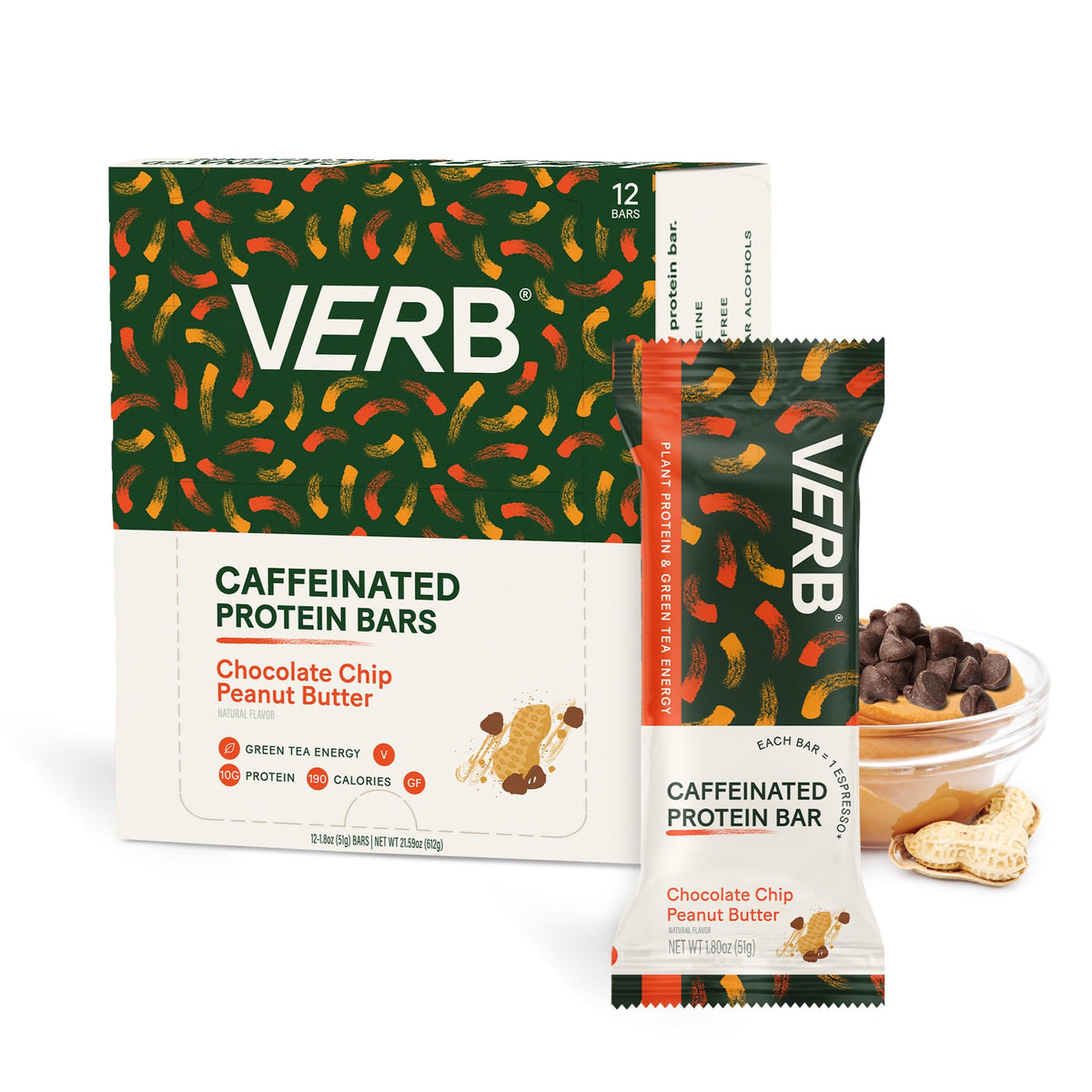 Verb Energy Bar chocolate chip peanut butter close-up shows creamy texture for steady energy