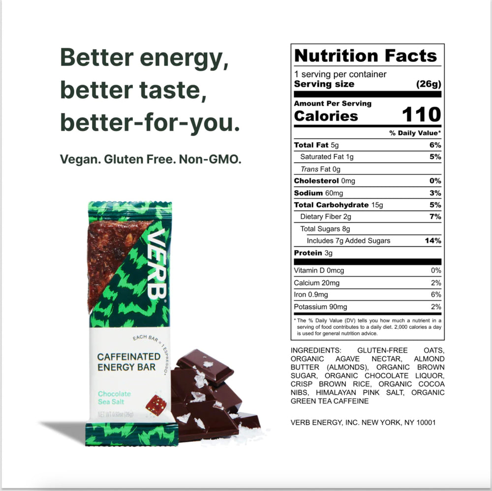 Verb Energy Bar close-up Chocolate Sea Salt highlights rich cocoa and sea salt balance.