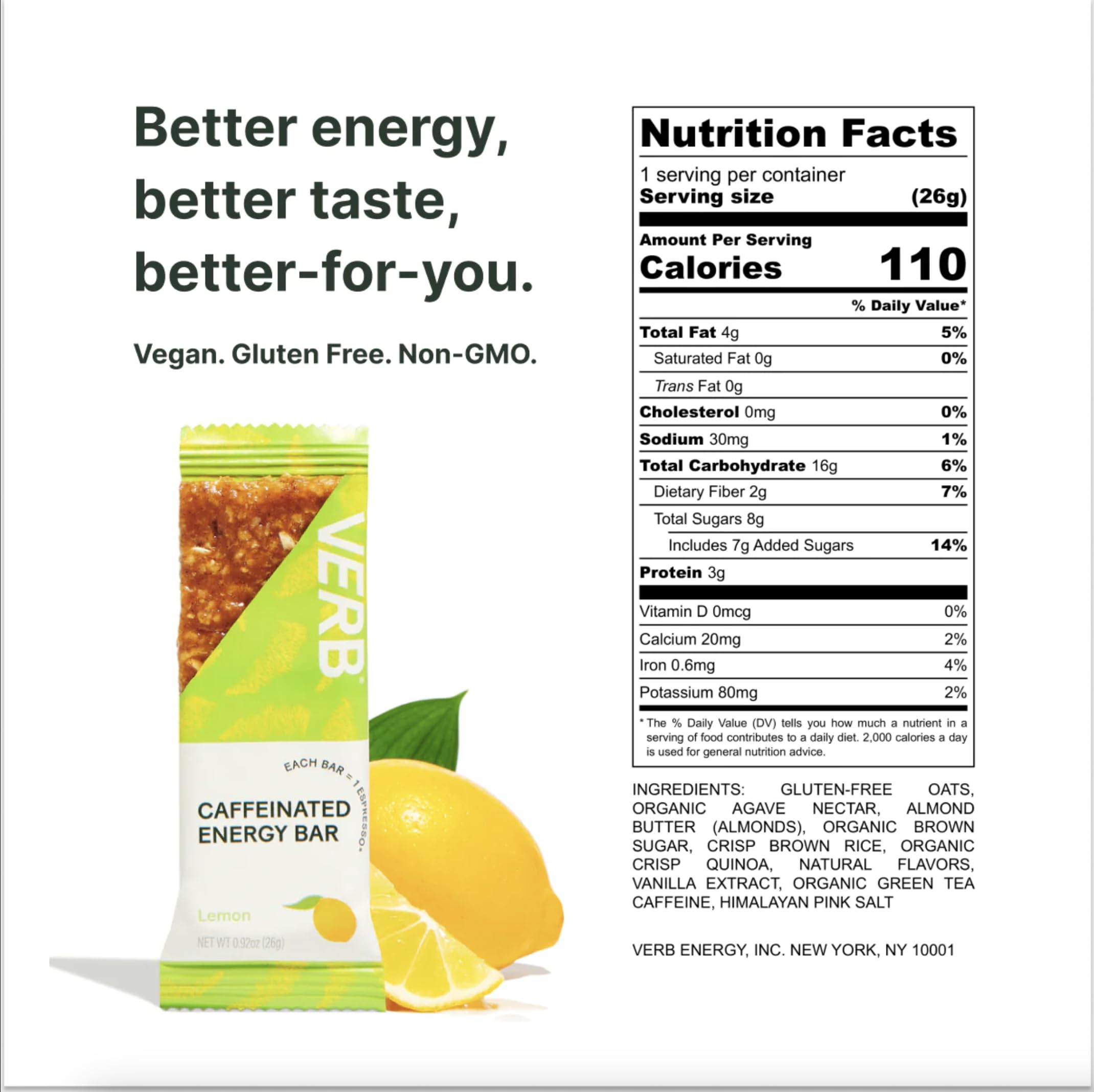 Verb Energy Bar Lemon ingredients close-up highlighting gluten-free oats and peanut butter.