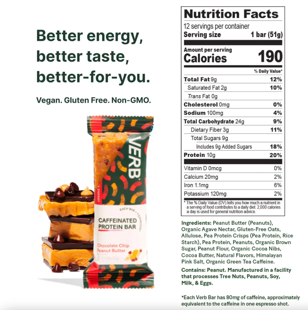 Verb Energy Bar pack of 12 packaging highlights convenient, portable vegan snack