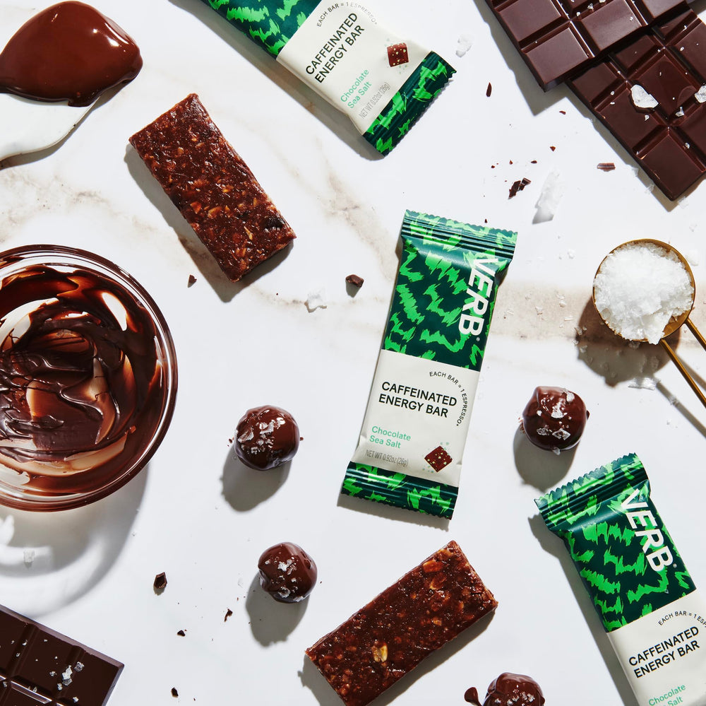 Verb Energy Bar Chocolate Sea Salt serving suggestion for quick caffeinated focus.