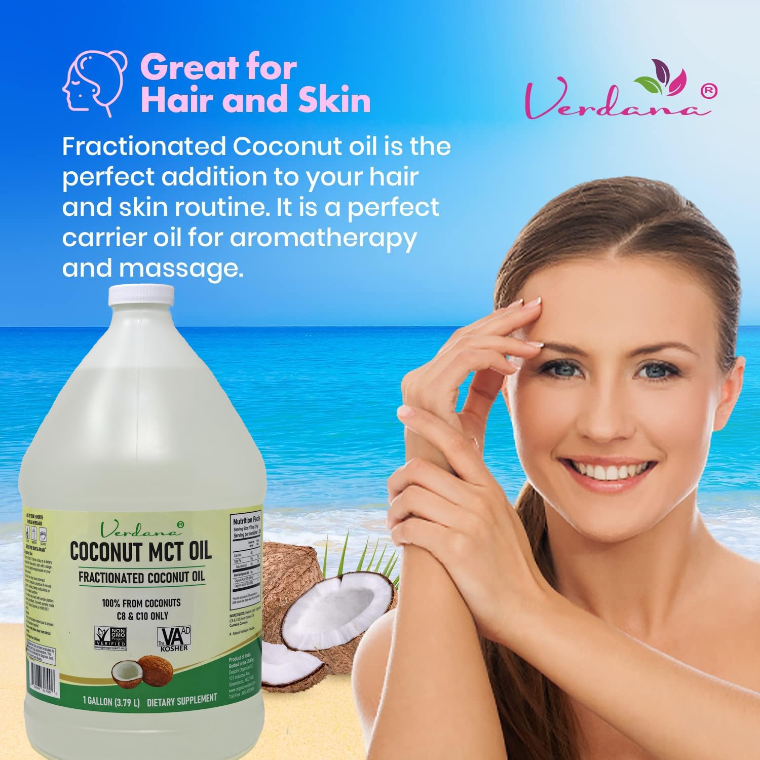 Verdana Coconut MCT Oil used in aromatherapy blends for skin and scent.