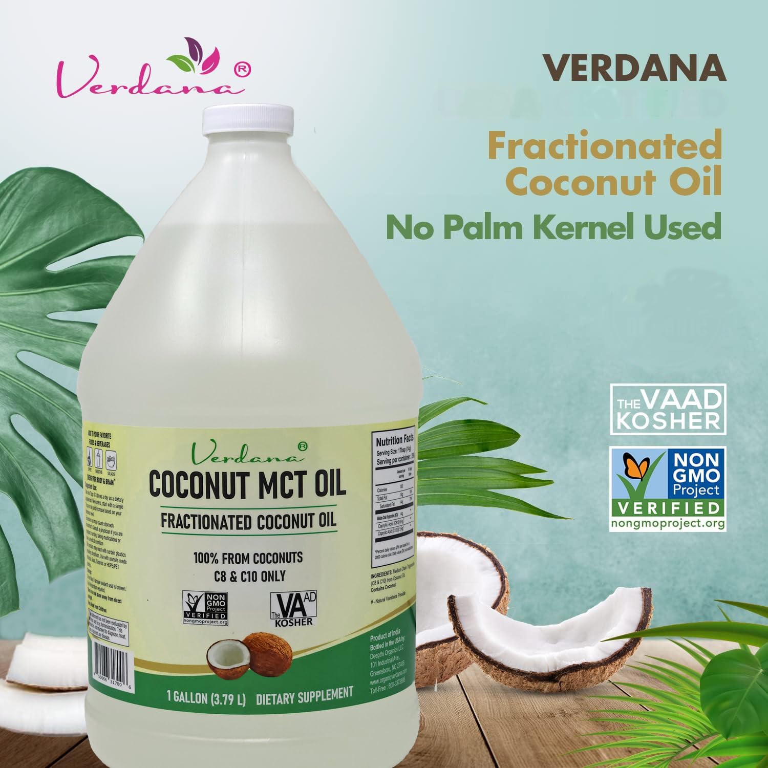 Verdana Coconut MCT Oil label graphic shows non-GMO and kosher certifications.