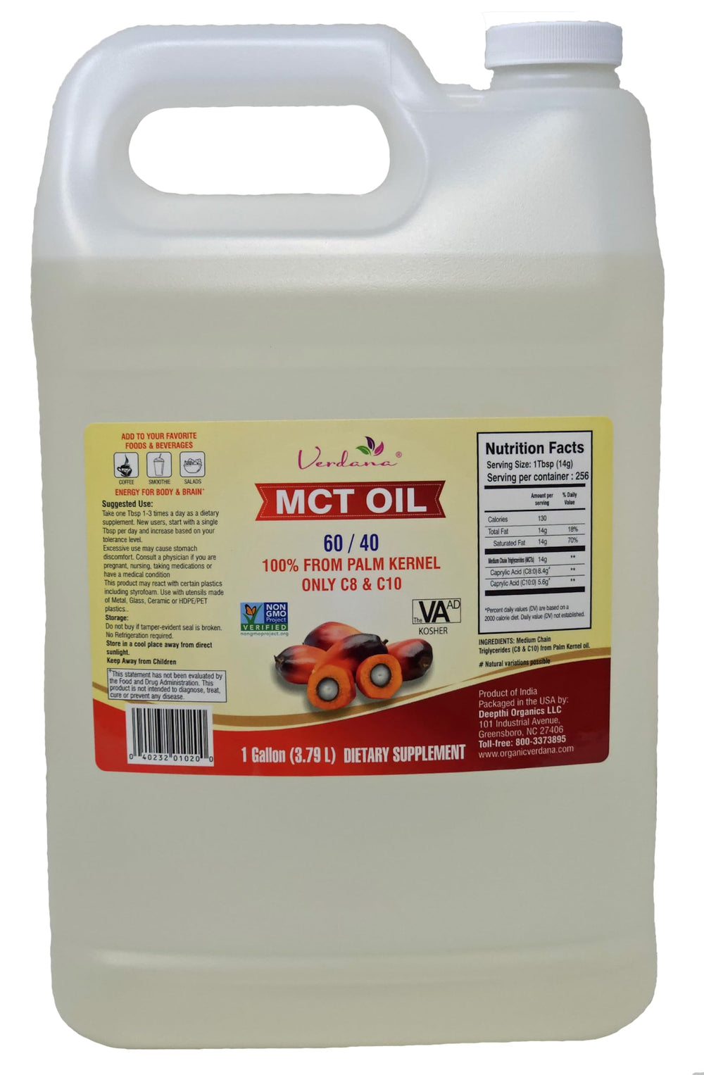 Verdana MCT Oil 1-gallon bottle pour for quick energy in beverages