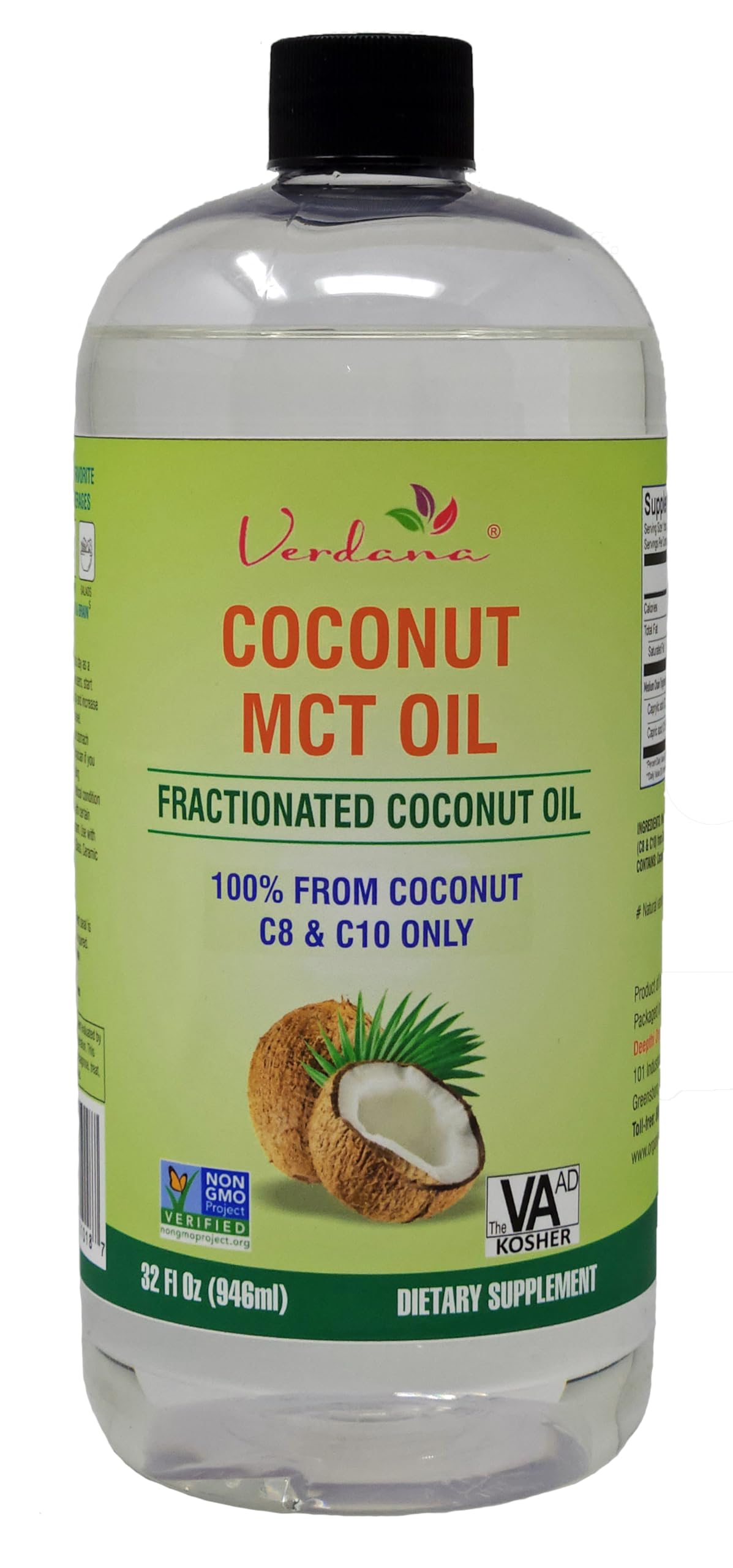 Verdana MCT Oil 32 oz bottle on the counter, ready for keto coffee.