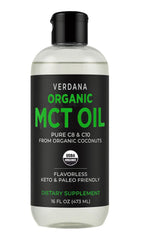 Verdana Organic MCT Oil bottle shows pure C8 and C10 MCTs.