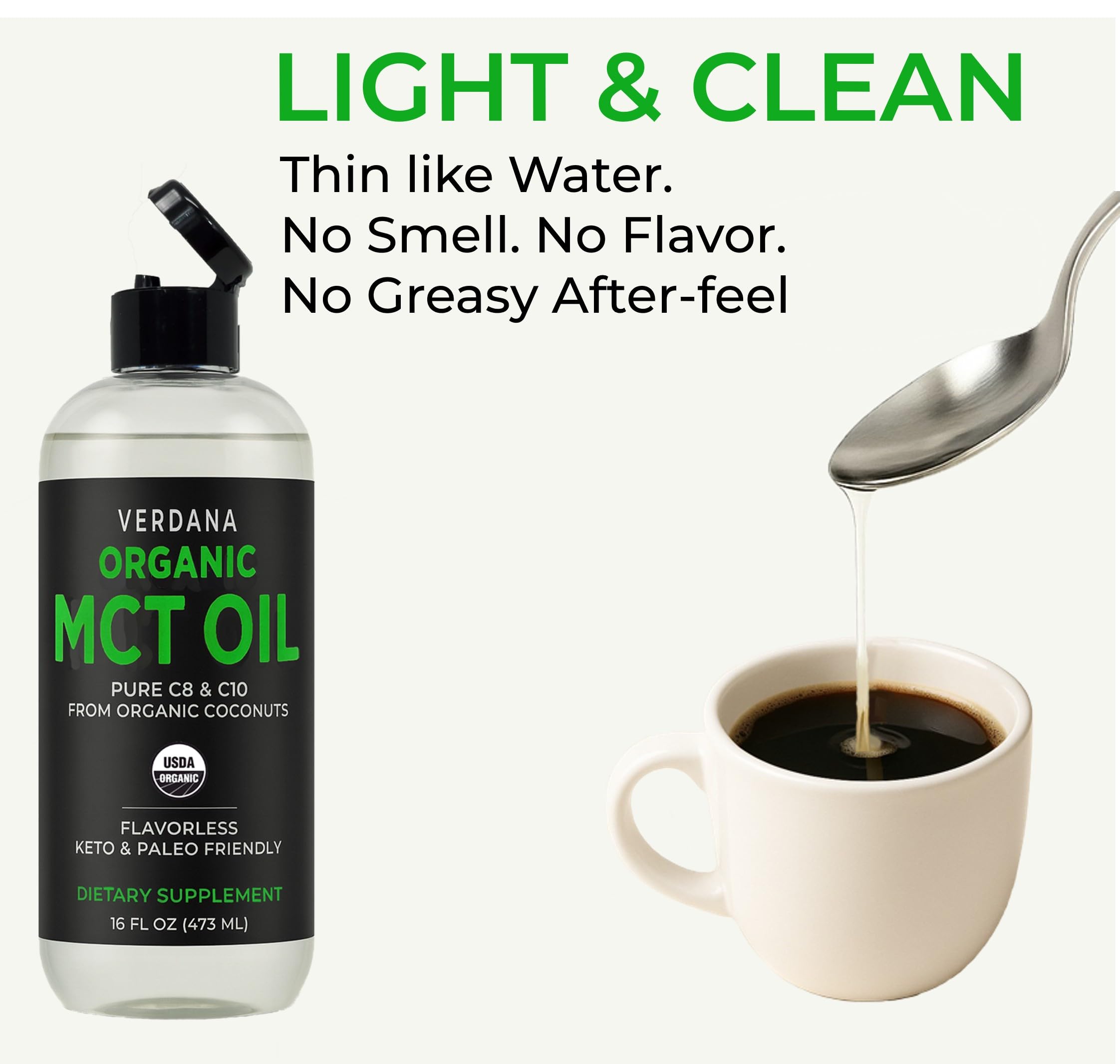 Verdana Organic MCT Oil blends into coffee or smoothies for a flavorless boost.