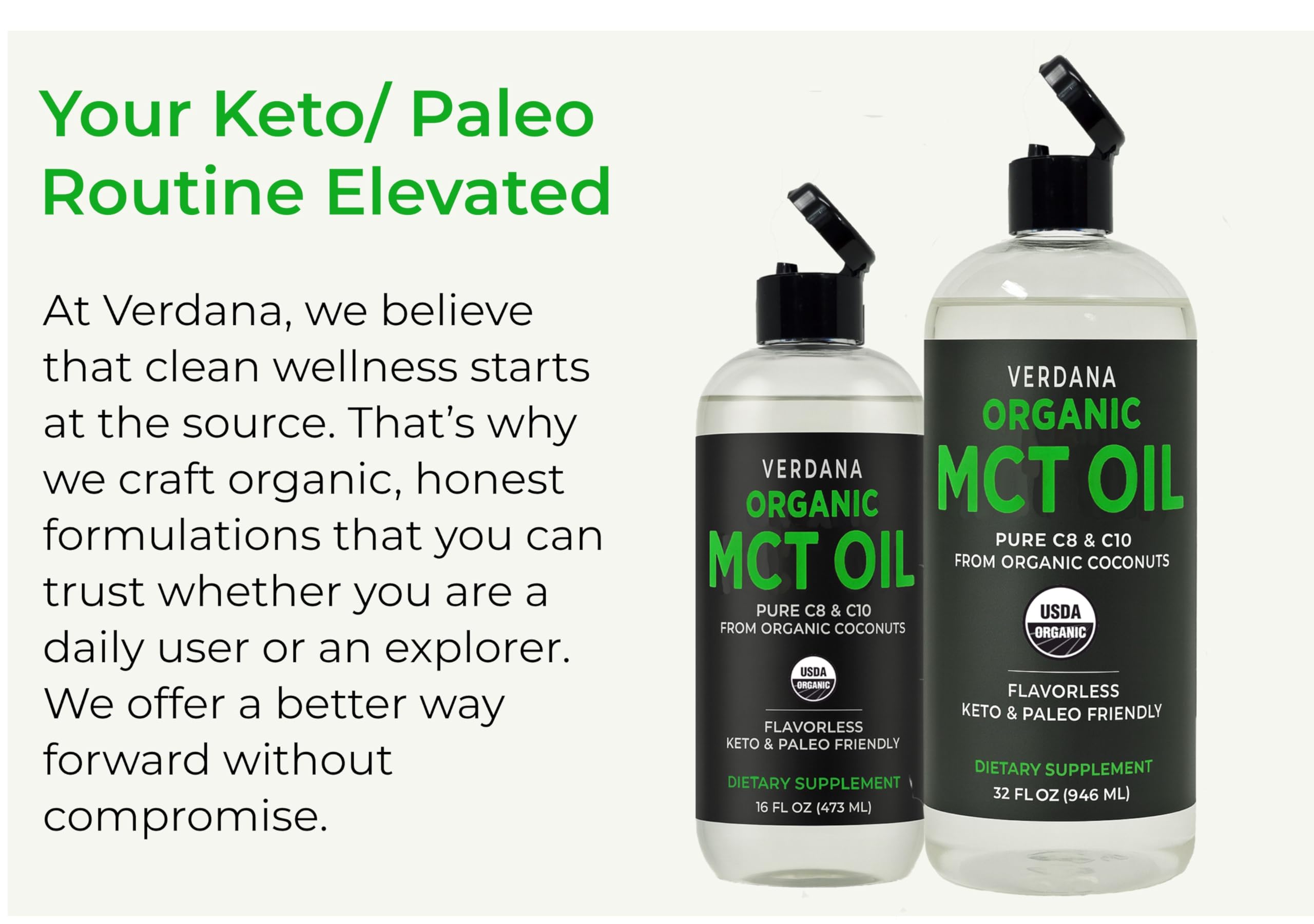 USDA Organic and Non-GMO label on Verdana MCT Oil bottle, US-made.