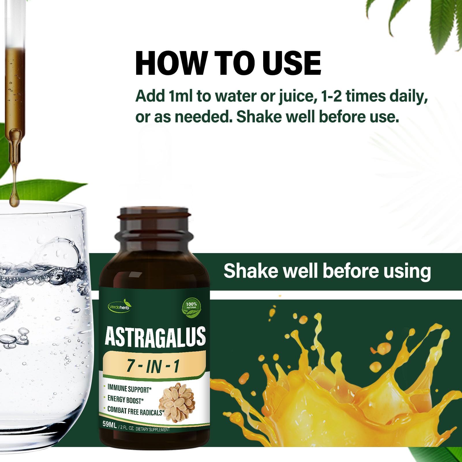 Glass of water with Verdeherb drops ready to mix for daily use.