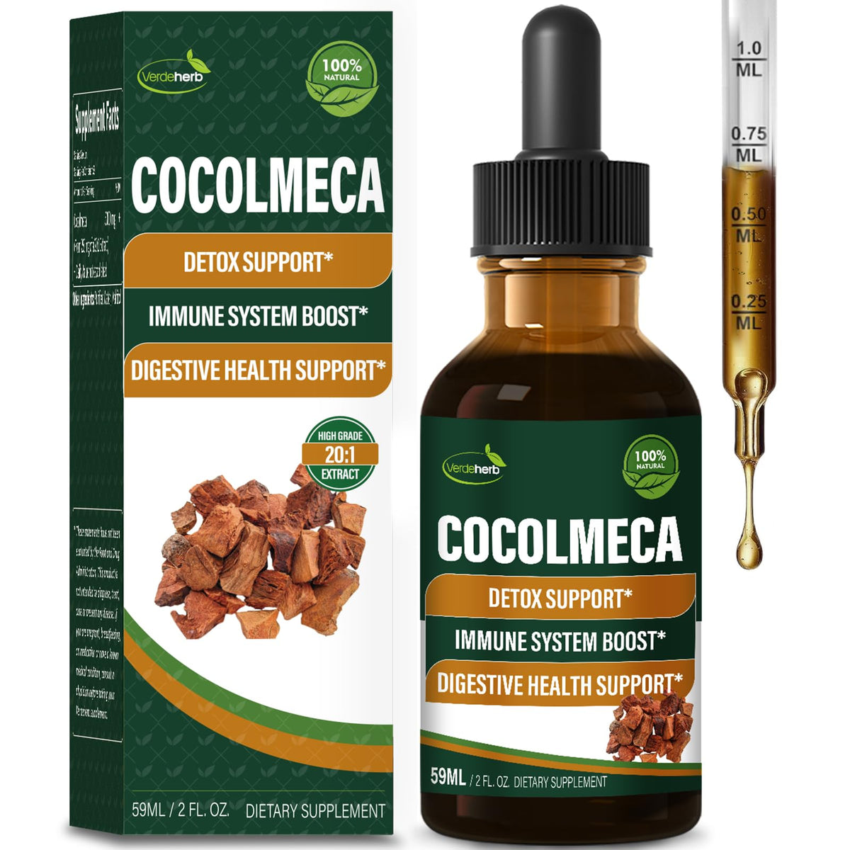 Verdeherb Cocolmeca drops bottle pour illustrates convenient detox support