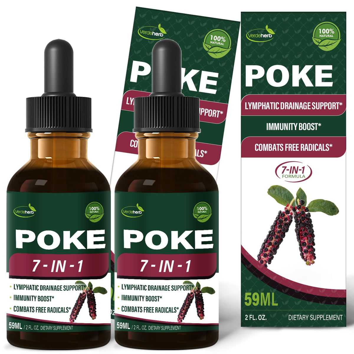 Verdeherb Poke Drops bottle showing the herbal blend for lymphatic support and vitality.