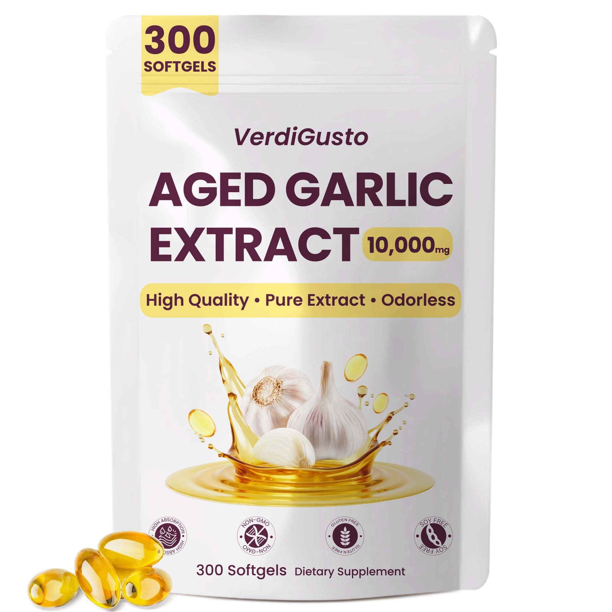 VerdiGusto 10000mg aged garlic extract bottle highlights potent, odorless formula for daily antioxidant support.