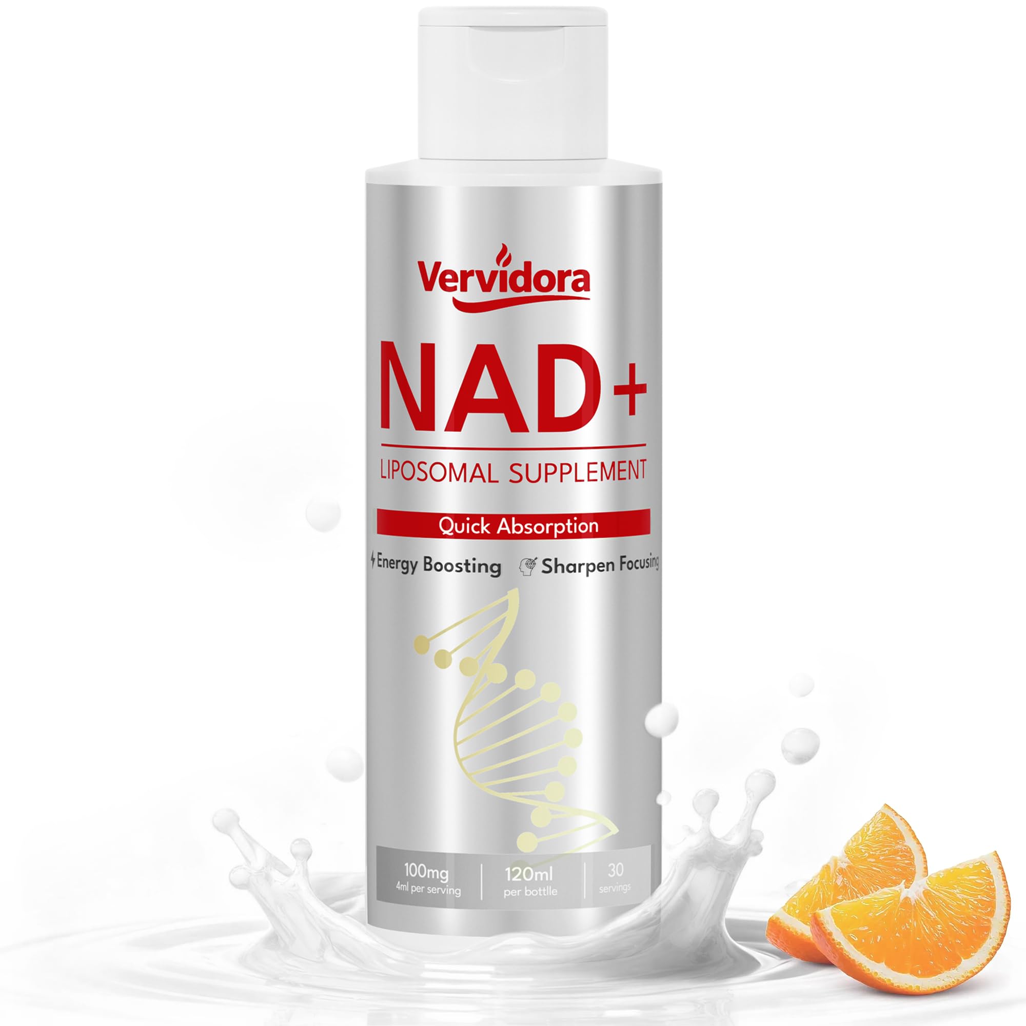Vervidora liposomal NAD+ bottle being poured for easy daily energy support.