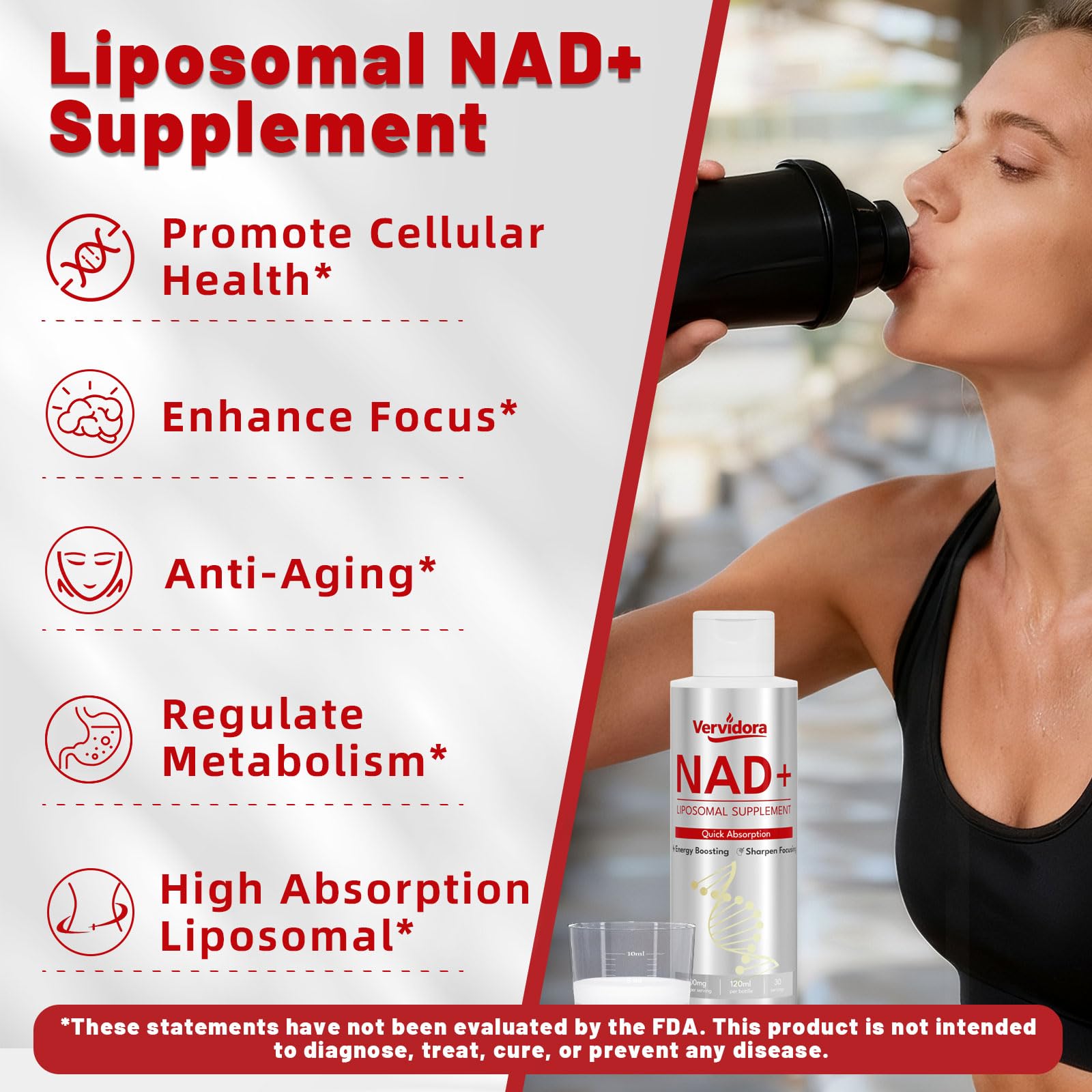 Close-up of Vervidora liposomal NAD+ liquid showing smooth texture for quick absorption.