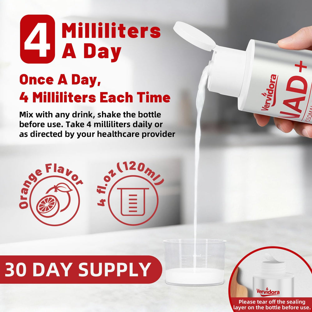 Droplet dispensing from Vervidora NAD+ bottle illustrating convenient dosing for daily energy and focus.