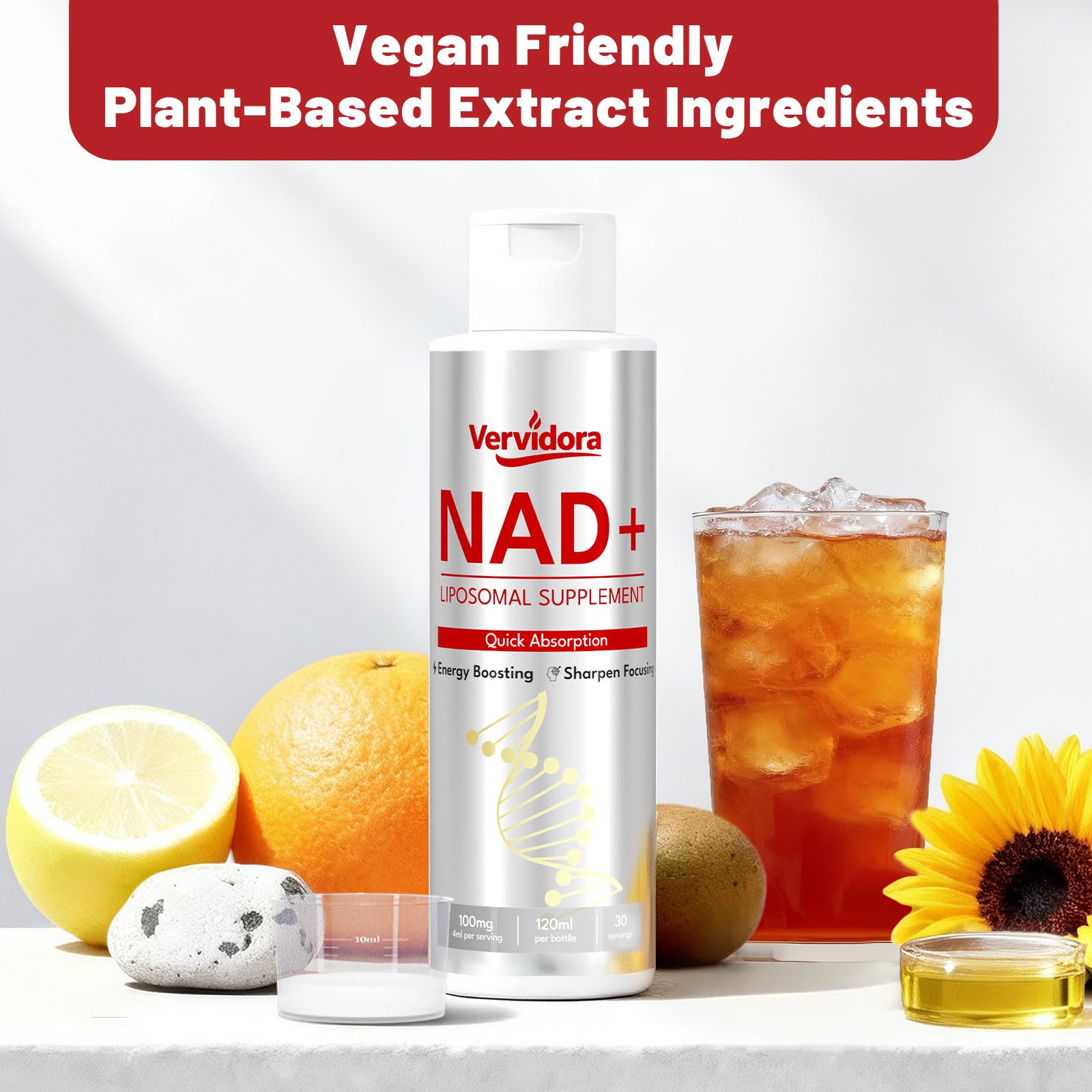 Vervidora NAD+ packaging box highlighting vegan, gluten-free, and allergen-friendly features.