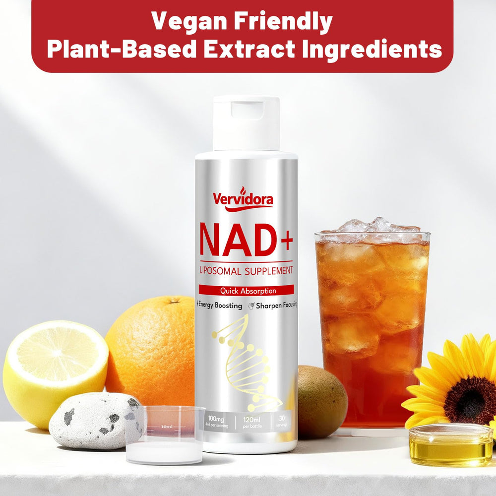 Vervidora NAD+ packaging box highlighting vegan, gluten-free, and allergen-friendly features.