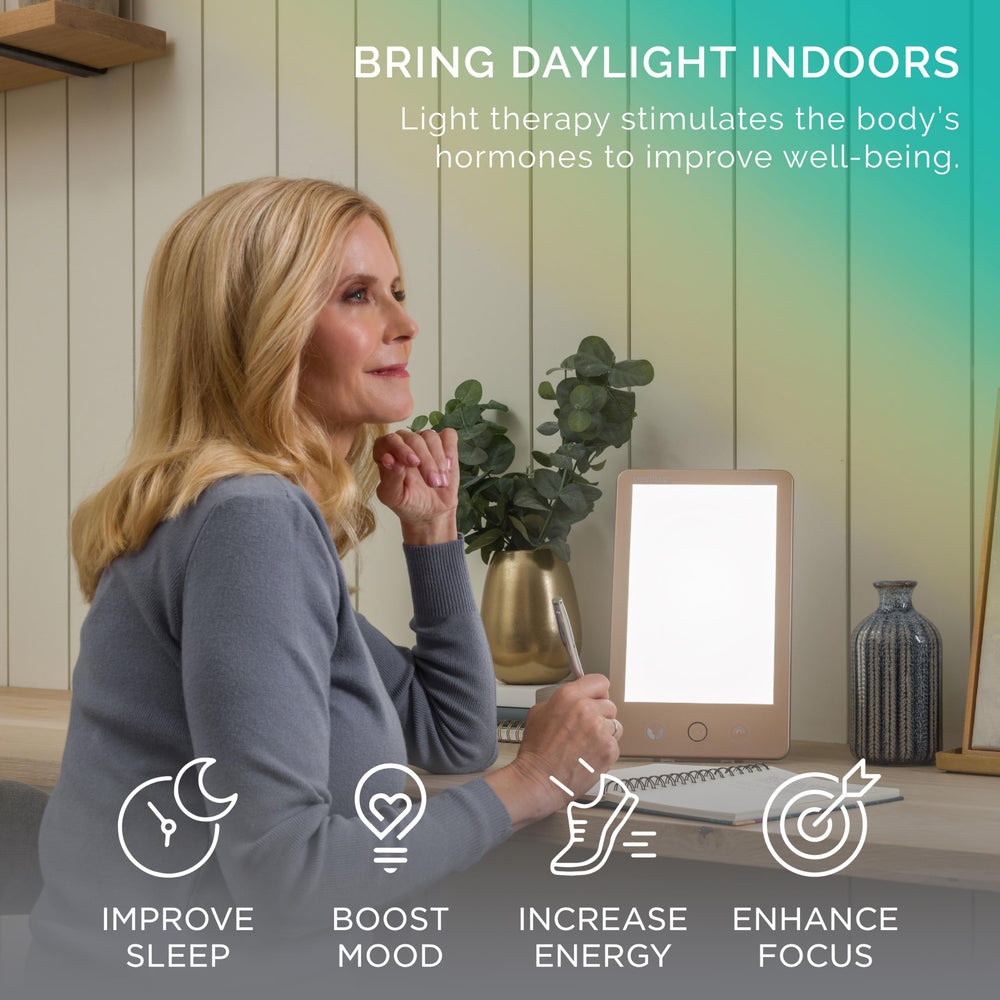 Verilux HappyLight Luxe 10k Lux label close-up, UV-free lamp for safe, effective light therapy.