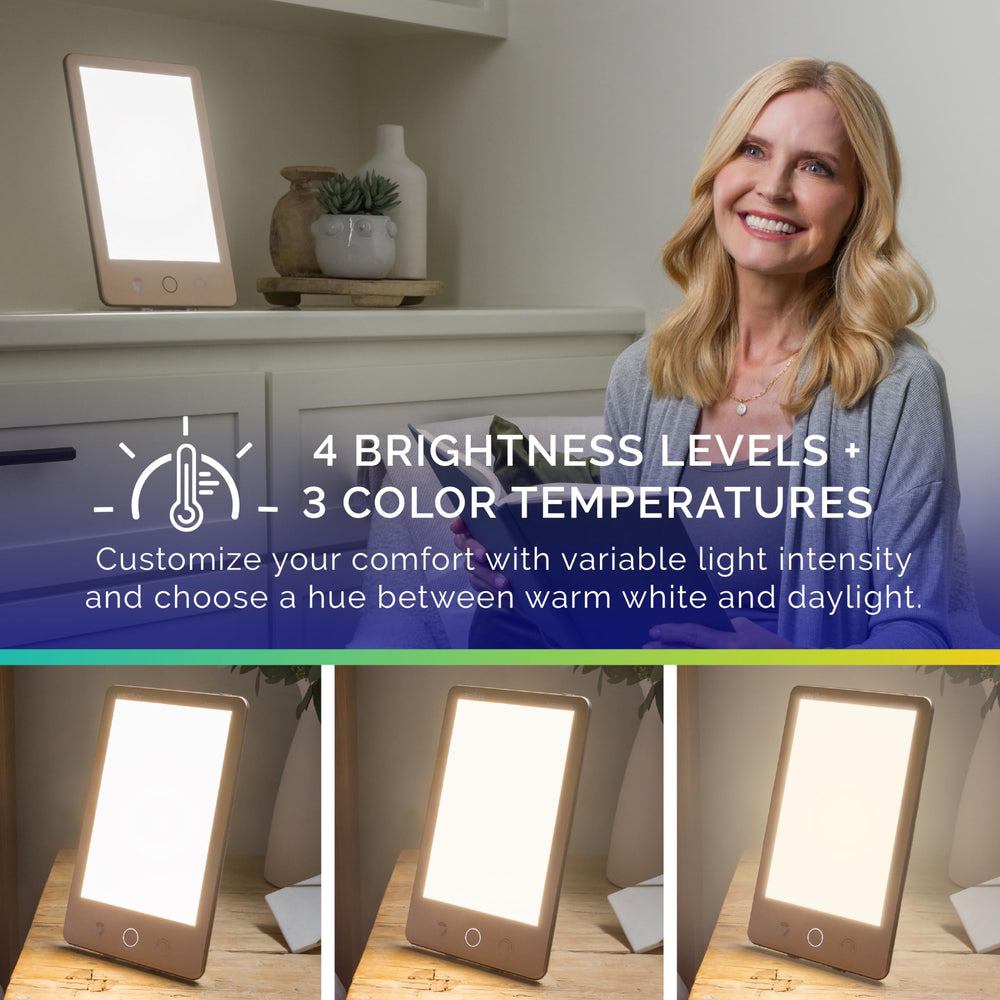 Verilux HappyLight Luxe brightness dial, adjustable levels support personalized focus during work.