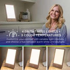 Verilux HappyLight Luxe brightness dial, adjustable levels support personalized focus during work.