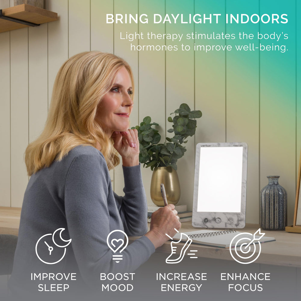 Verilux HappyLight Luxe on desk demonstrates portable design for daily use.