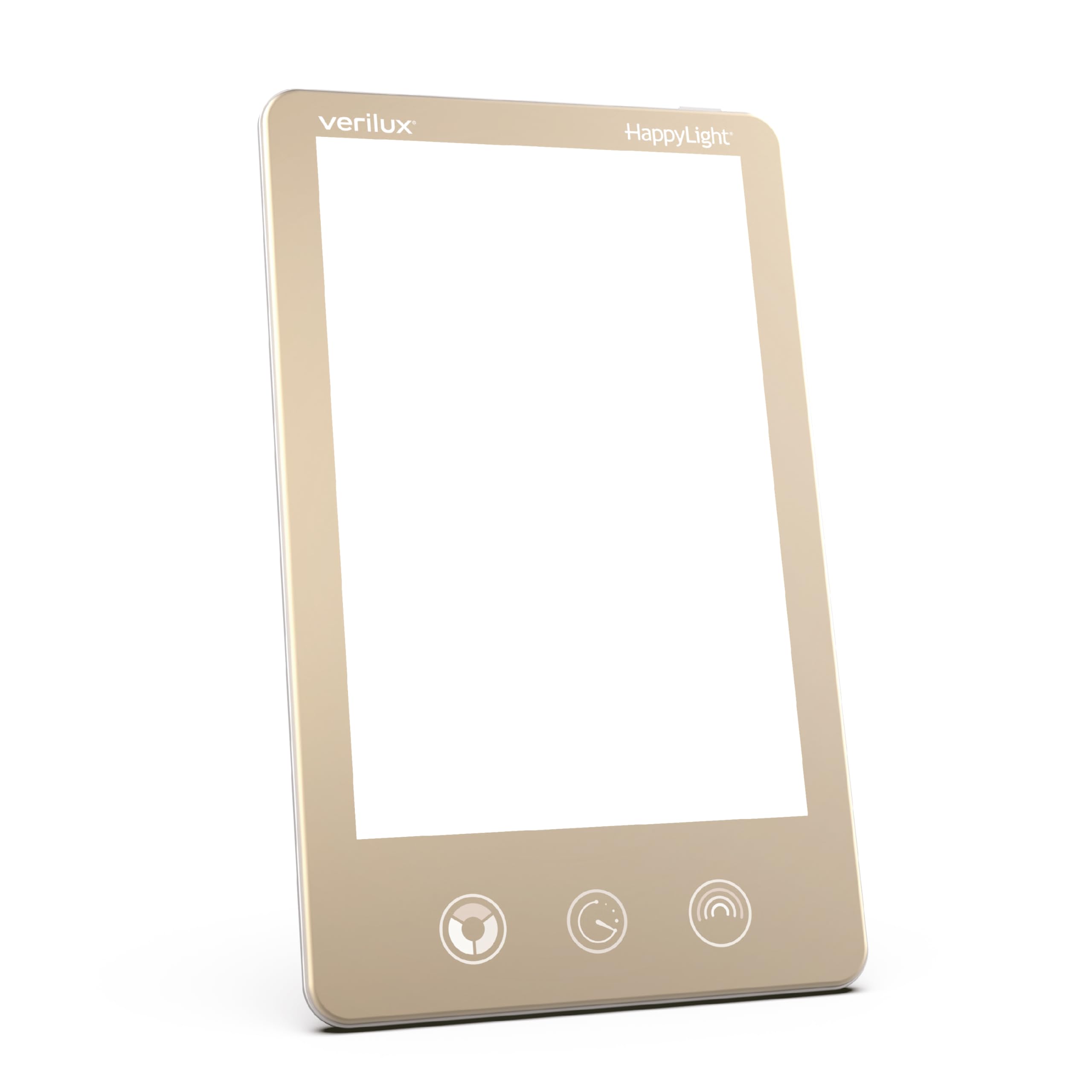 Verilux HappyLight Luxe front view, champagne gold, ideal for daily mood support and bright mornings.