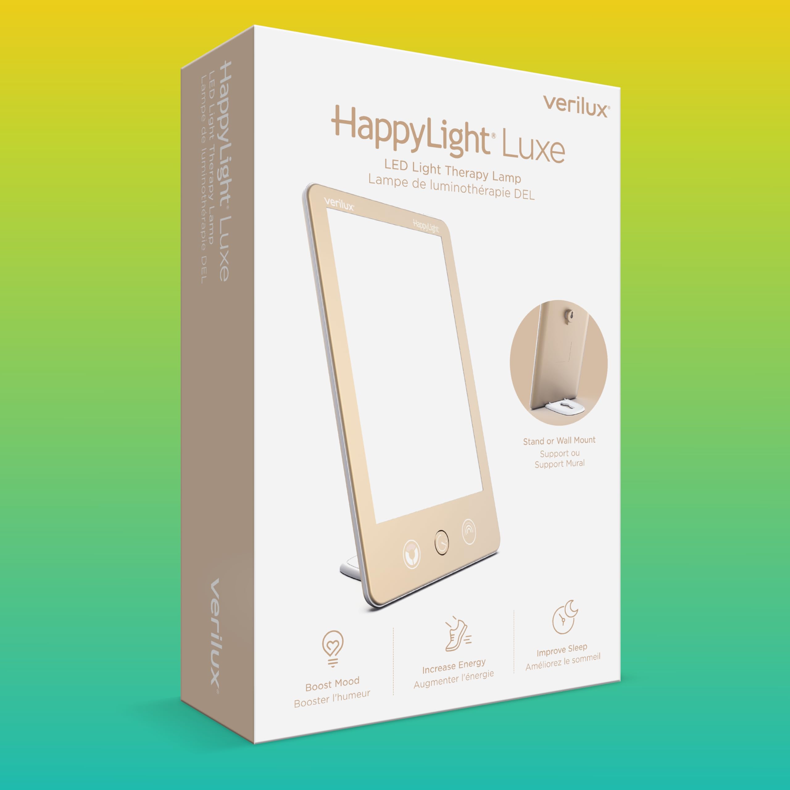 Verilux HappyLight Luxe detachable stand and wall mount for flexible placement at home or travel.