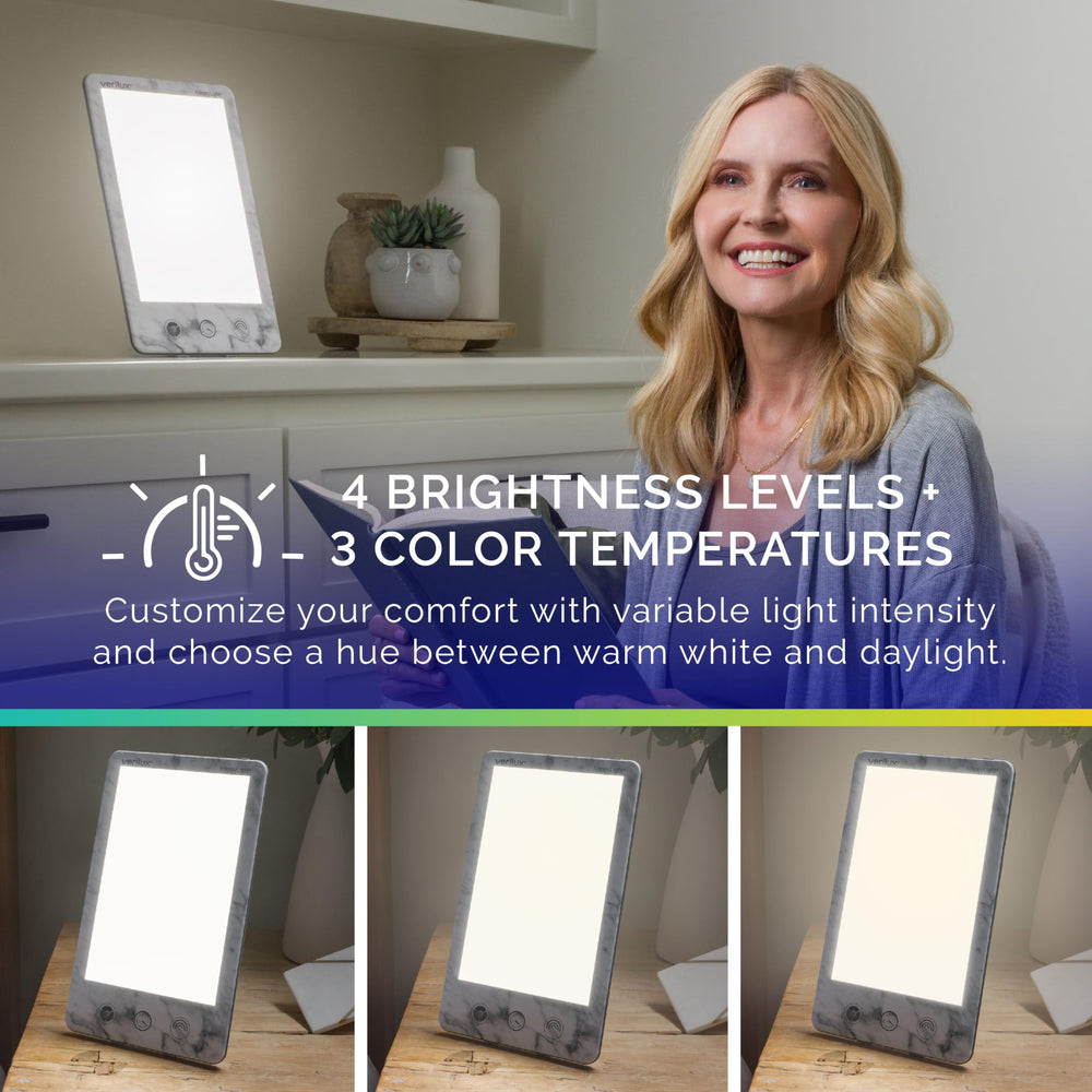 Verilux HappyLight Luxe tilt adjustment shows personalized brightness and color temperature.