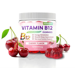 Veris Vigor cherry B12 gummies bottle shows vegan methylcobalamin for daily energy