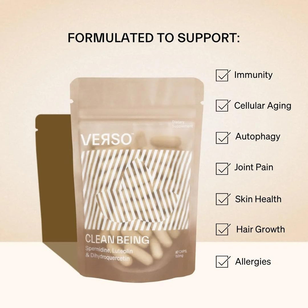 Verso Clean Being label details luteolin and dihydroquercetin in plant based formula