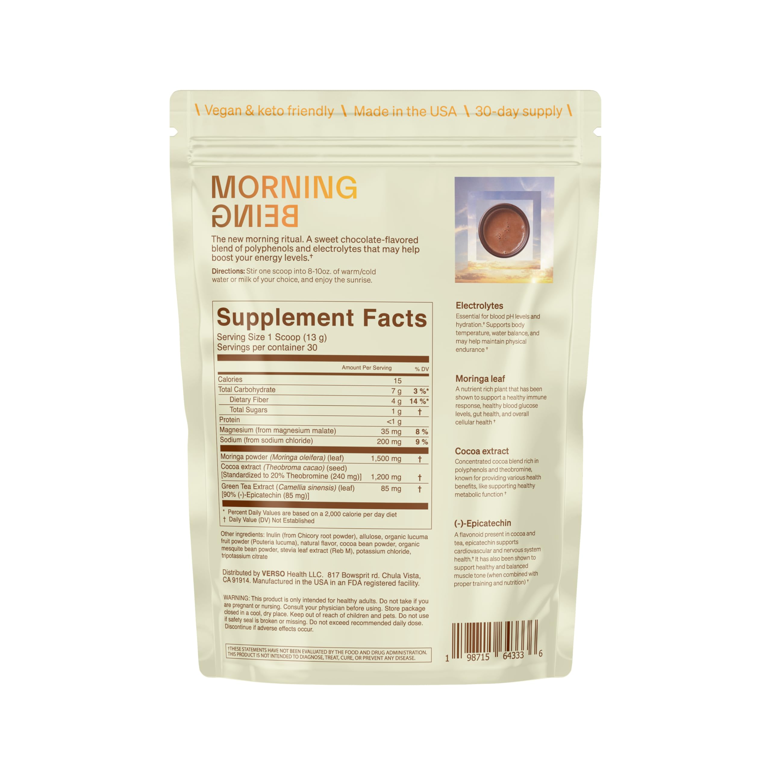 Verso Morning Being scoop detail highlights the 1500 mg moringa blend