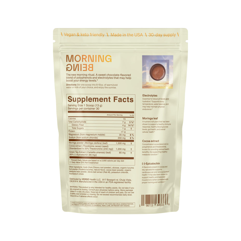 Verso Morning Being scoop detail highlights the 1500 mg moringa blend