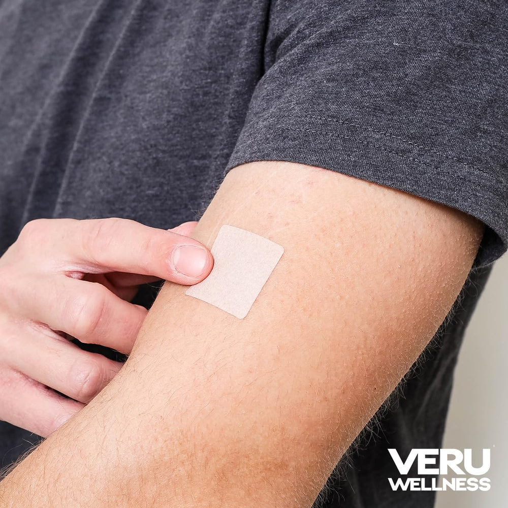 Veru Wellness Keto patch on skin demonstrates easy daily application for sustained focus.