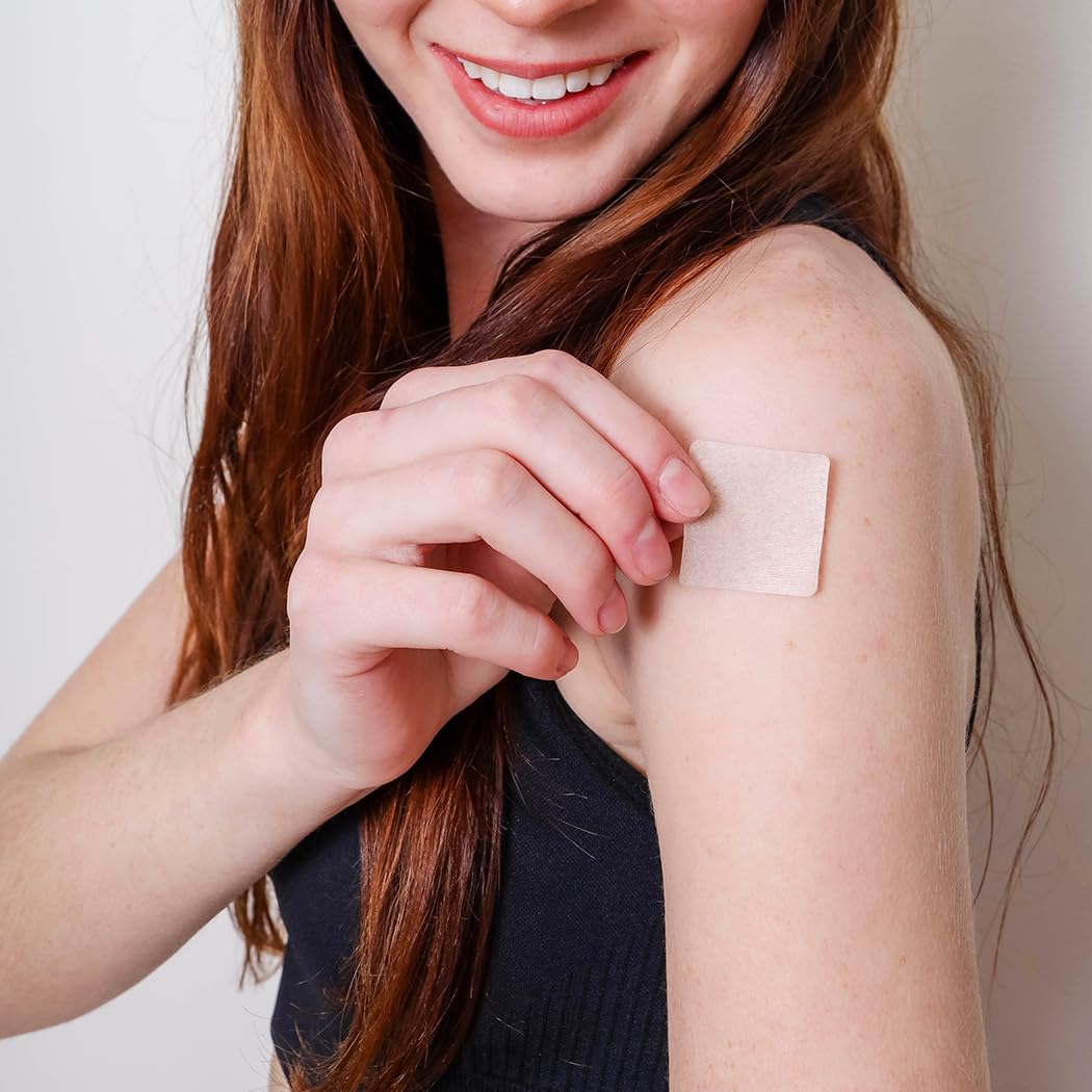 Veru Wellness patch applied to back highlights lightweight design for daytime wear