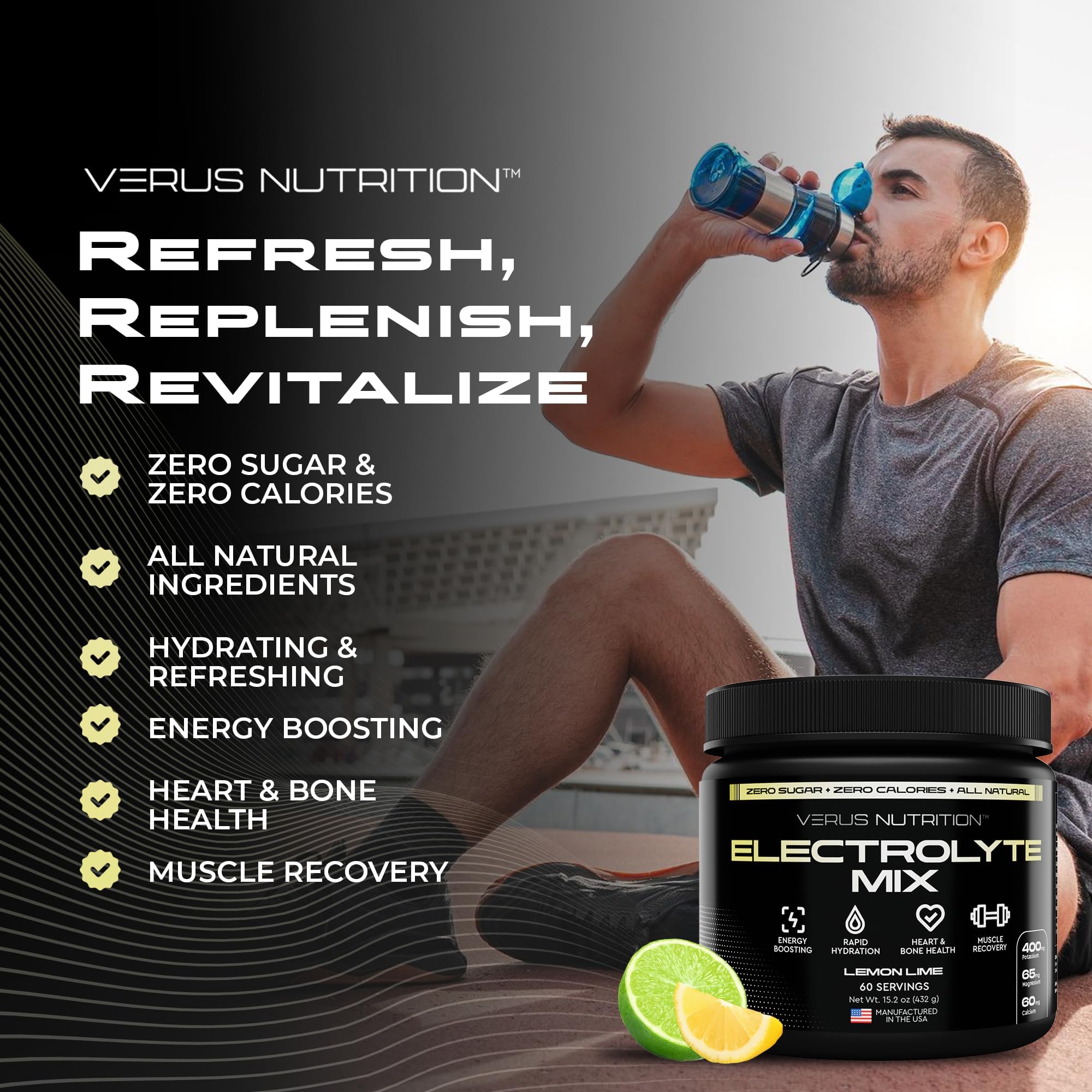 VERUS NUTRITION electrolytes powder bottle-label calls out zero calories and vegan-friendly formula.