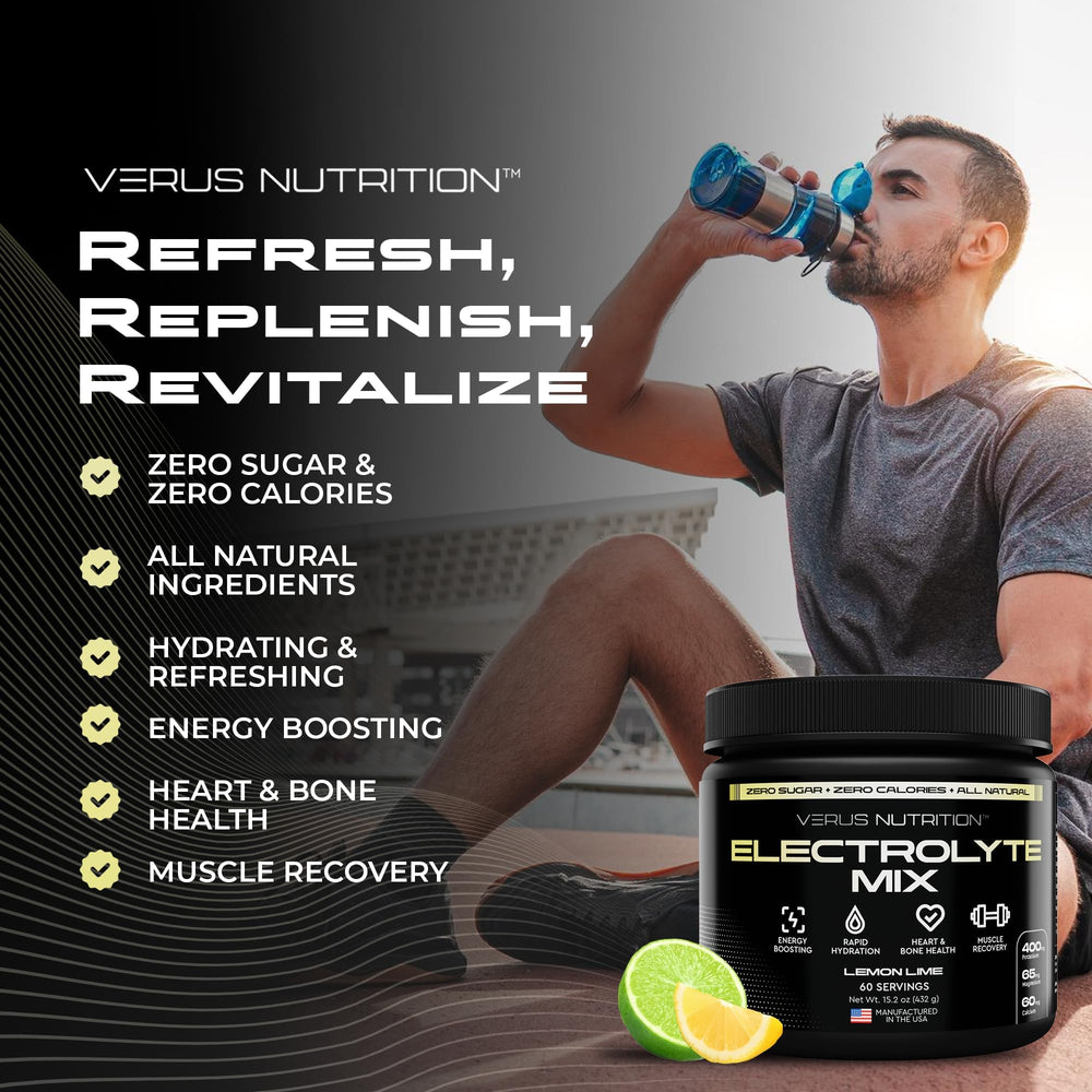 VERUS NUTRITION electrolytes powder bottle-label calls out zero calories and vegan-friendly formula.