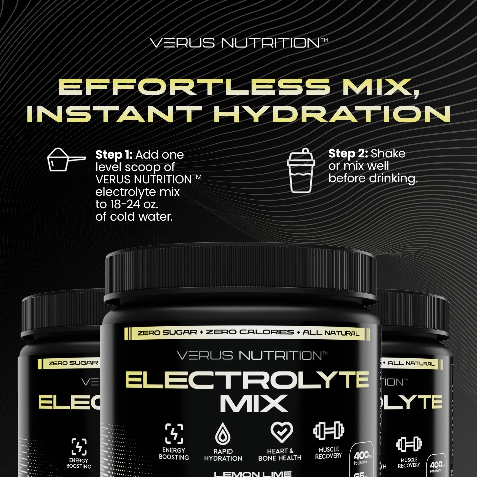 VERUS NUTRITION electrolytes powder serving-counter shows multiple flavor options.