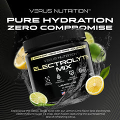 VERUS NUTRITION electrolytes powder lemon-lime closeup highlights refreshing flavor and minerals.