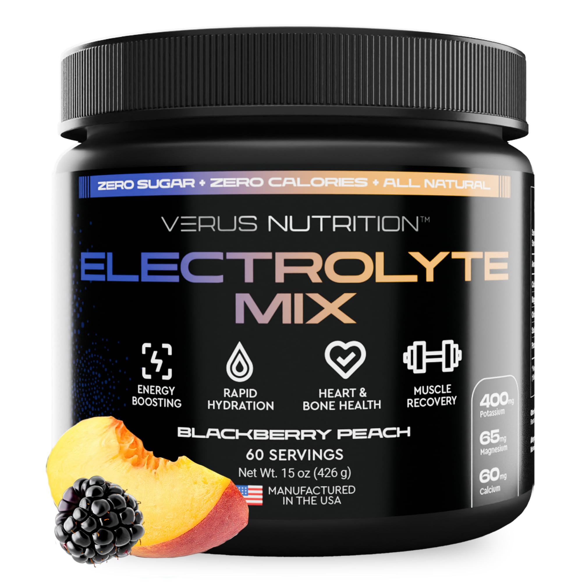 VERUS NUTRITION electrolytes bottle front, blackberry peach flavor for keto hydration
