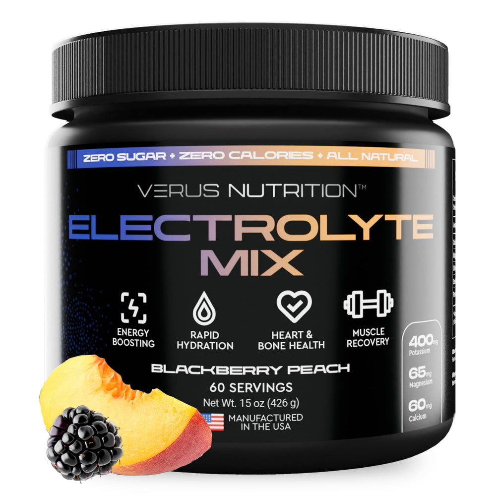 VERUS NUTRITION electrolytes bottle front, blackberry peach flavor for keto hydration